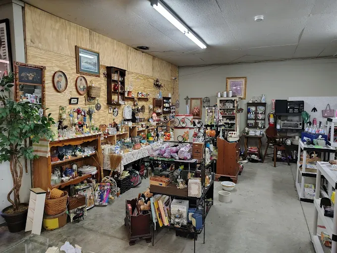a cozy antique shop filled with various vintage items on shelves, including books, ceramics, and decorations. warm lighting and nostalgic ambiance.