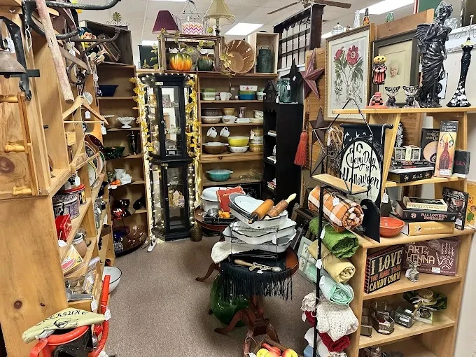 a packed interior aisle at the green shutter showcasing wooden shelves filled with kitchenware, halloween decor, and rolled blankets.