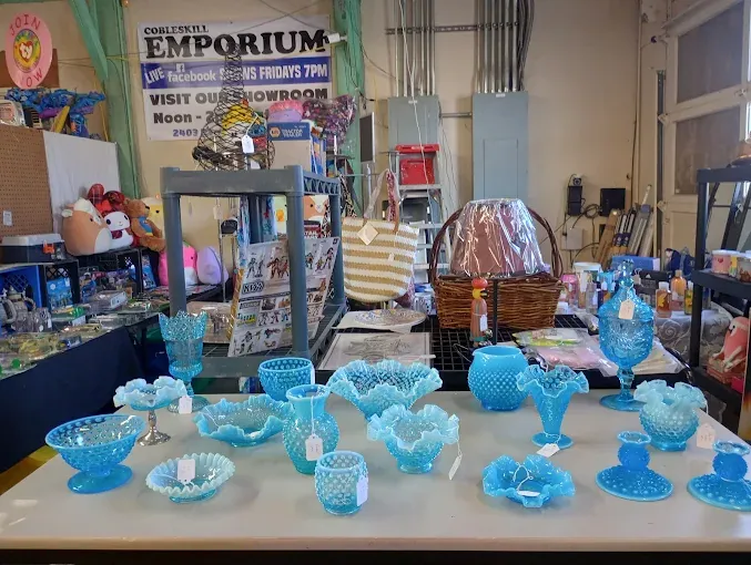 a table displays vintage blue glassware, including bowls and vases, in a cluttered shop with colorful items and a sign advertising the emporium.