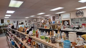 a thrift store interior filled with shelves displaying various items like ceramics, toys, and glassware