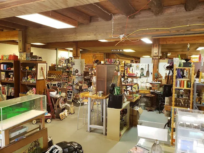 spacious antique store interior filled with vintage items, wooden shelves, and collectibles. the room exudes an inviting, nostalgic atmosphere.